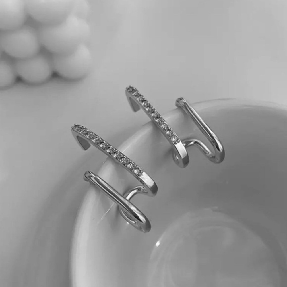 Geometric double layer stud earrings, Silver